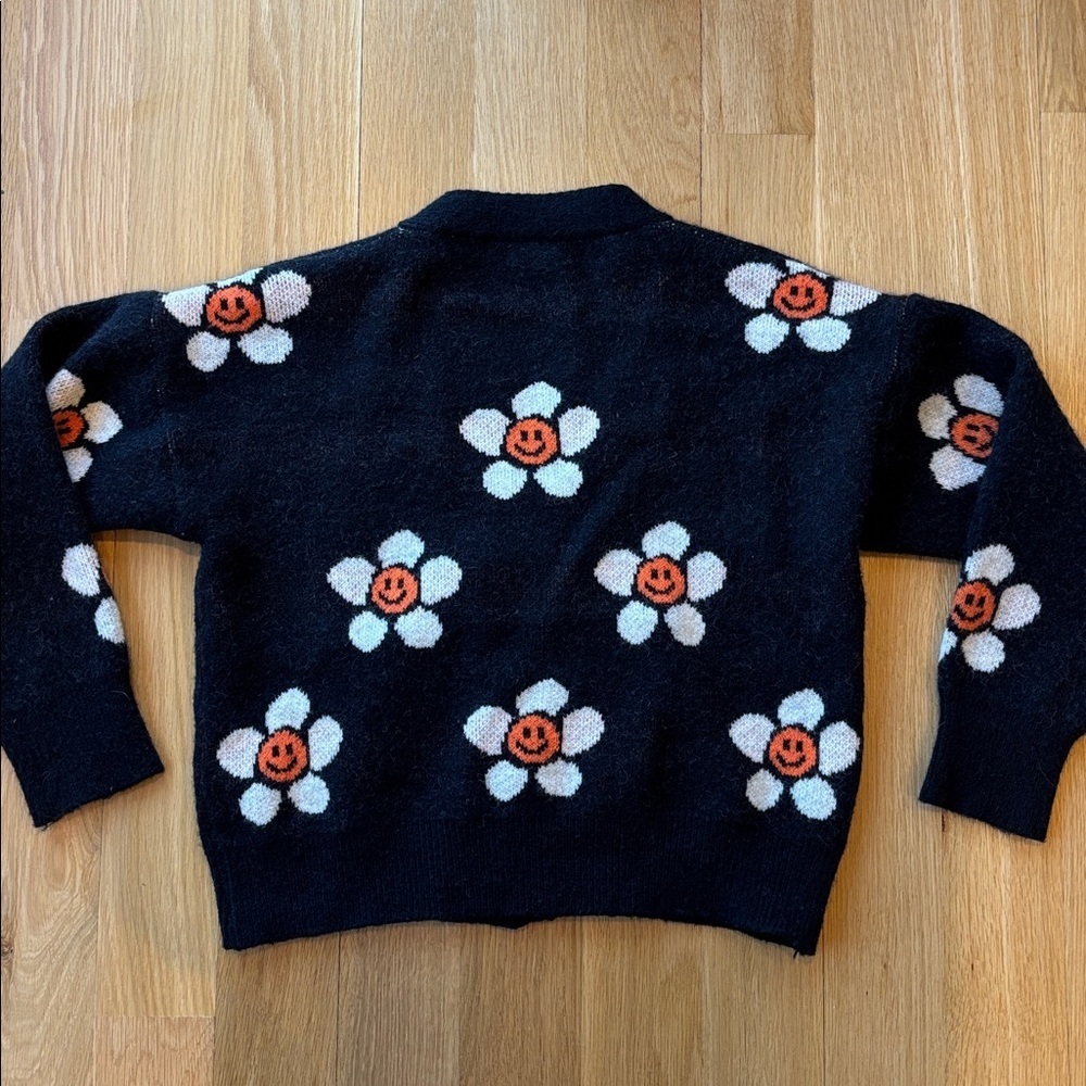 Smiley Face Flower Cardigan Black White Orange Dopamine Size XS - Picture 3 of 3
